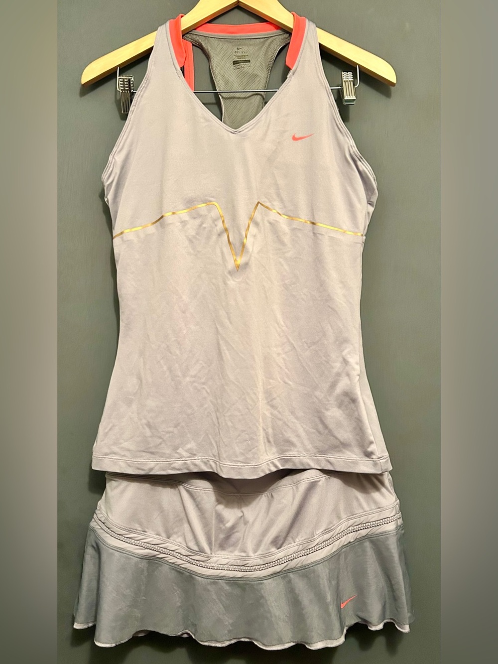 Nike Gray Pink/orange Tennis Dress Tank Skirt w/ Swoosh and Goldish Trim LARGE